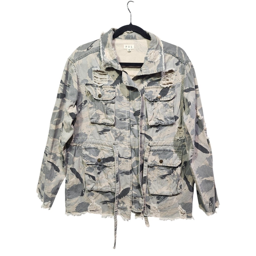 POL Anthropologie Distressed Camo‎ Utility Jacket MEDIUM Olive Green Full Zip Up